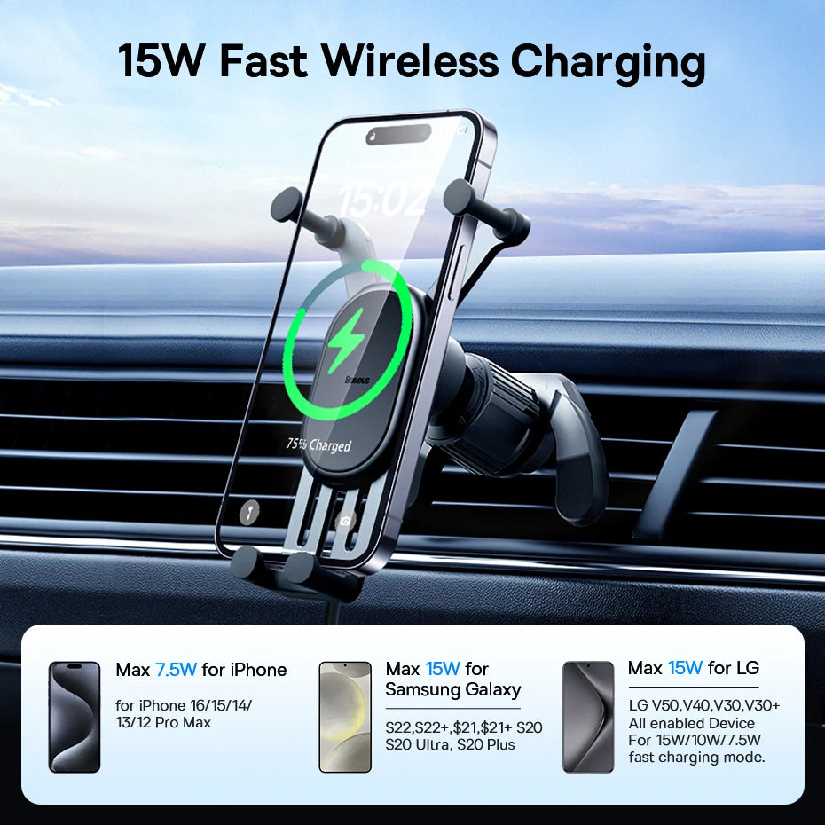 Baseus 15W Wireless Charger Car Phone Holder for iPhone