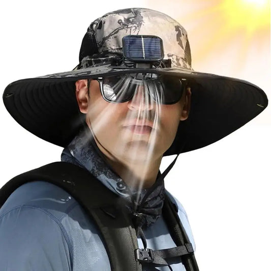 Outdoor Wide Brim Sun Hat With Solar Fan