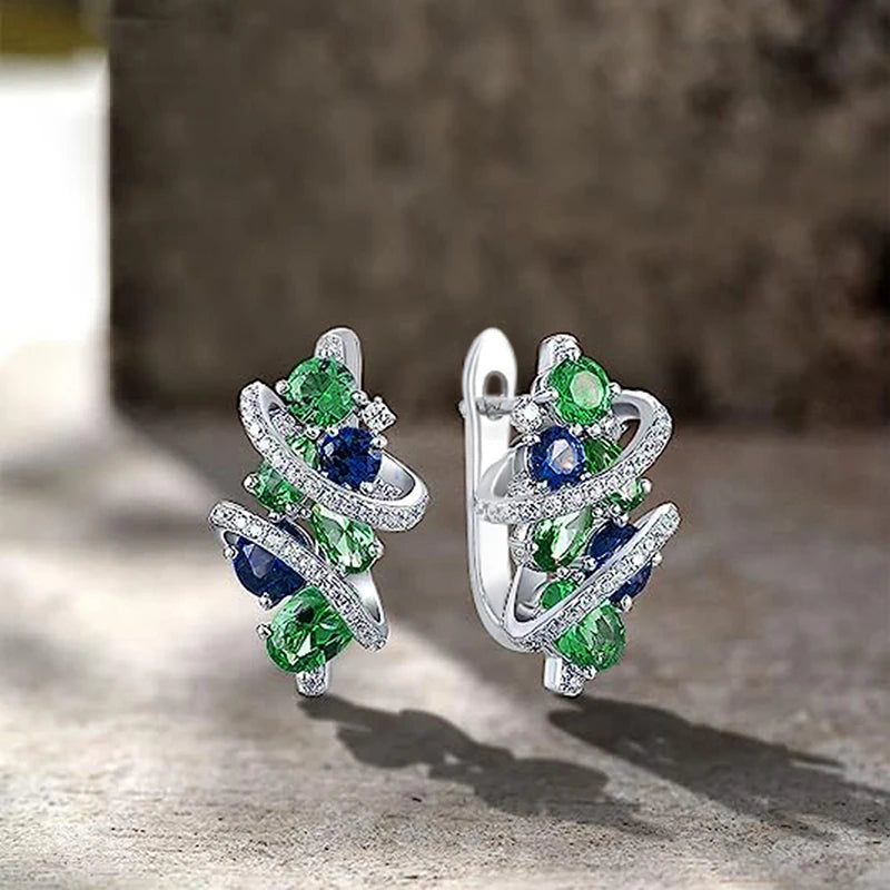Huitan Green/Blue Cubic Zirconia Hoop Earrings