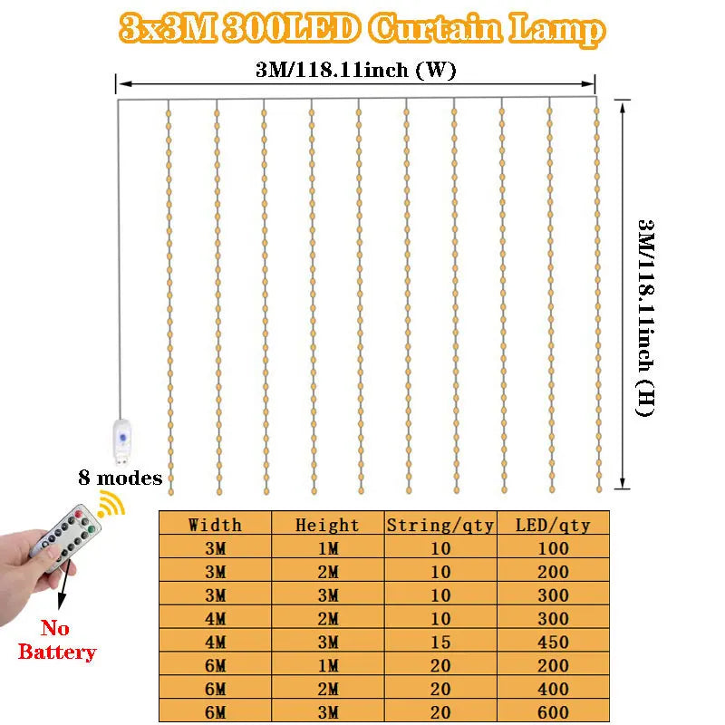 3M/6M LED Garland Curtain Lights 8 Modes USB