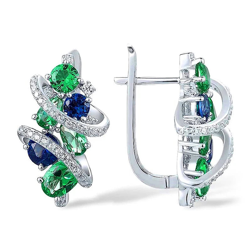Huitan Green/Blue Cubic Zirconia Hoop Earrings