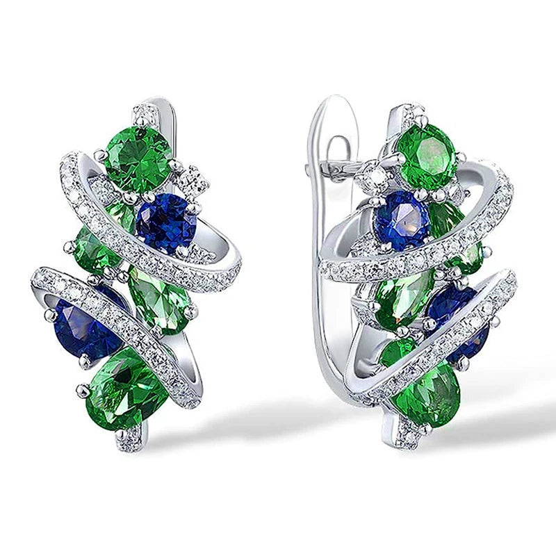 Huitan Green/Blue Cubic Zirconia Hoop Earrings